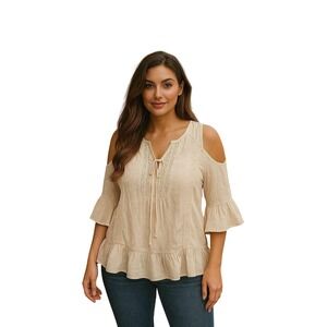 Boho Cold Shoulder Top Lace Trim Ruffle Hem Bohemian Blouse Flowy Cream S Nwot